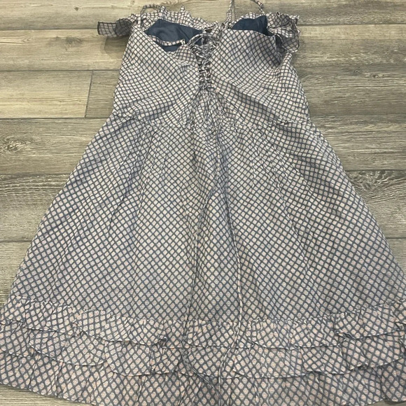 Navy and White Geometric Print Silk Ruffle Dress - Small by LaRok - Picture 7 of 7